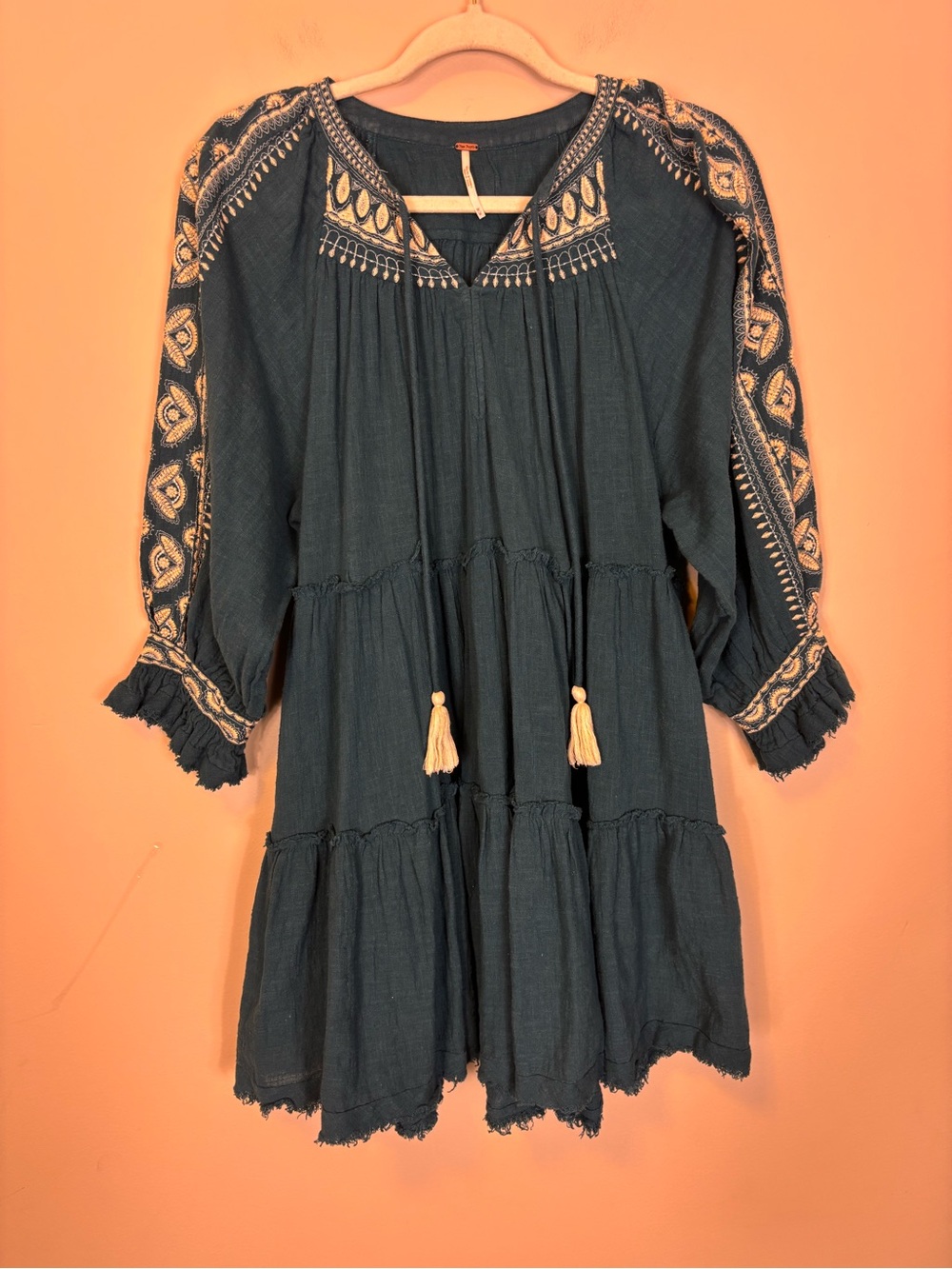 Free People Teal Tiered Embroidered Long Sleeve Dress with Cream Tassels Medium